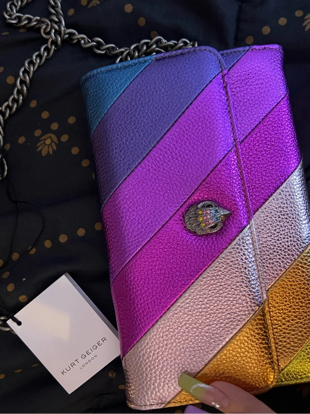 Kurt Geiger Multicolor Iridescent Diagonal Stripe Chain Crossbody